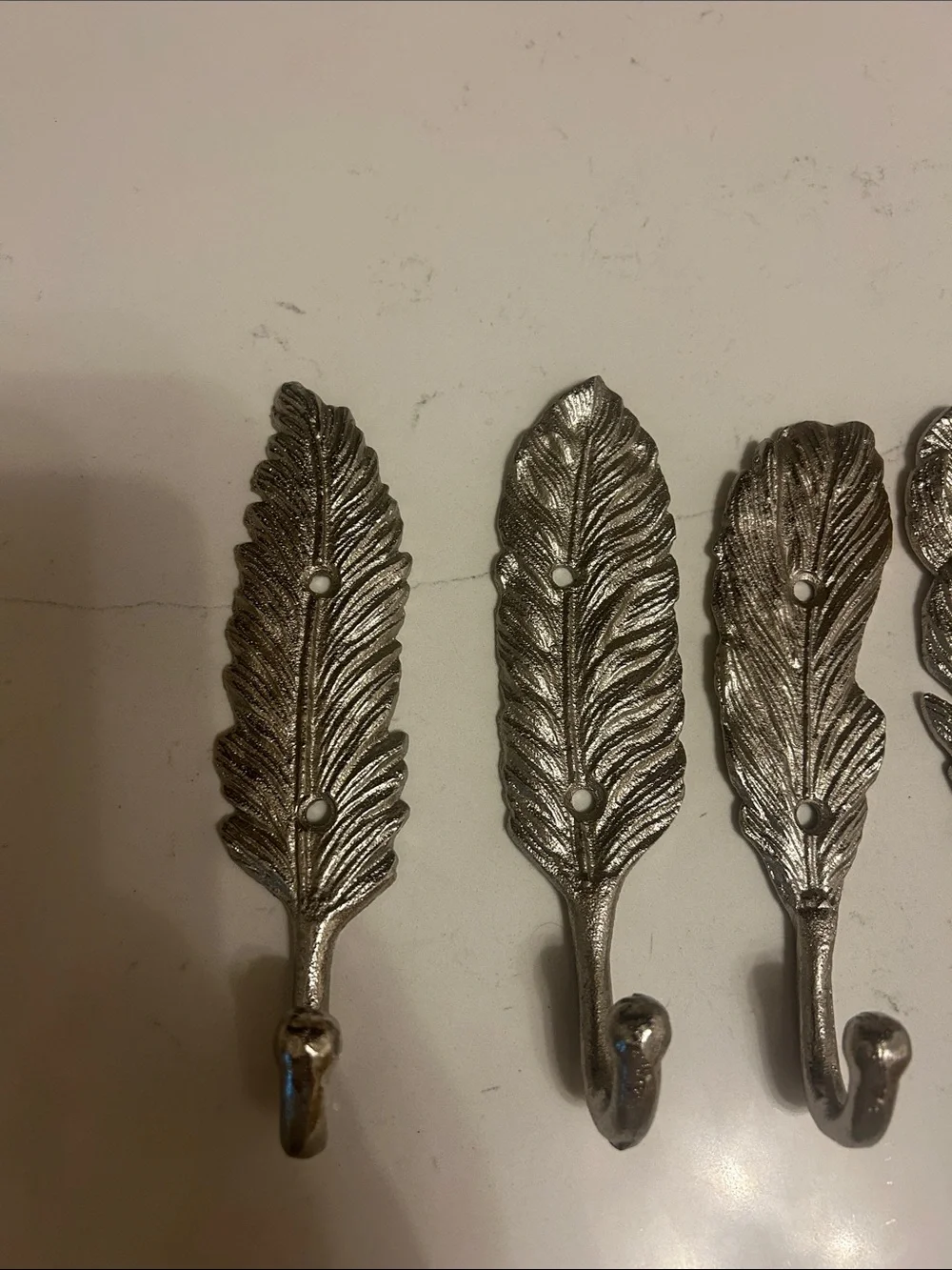 Feather Wall Hooks - Silver Decorative Set of 5